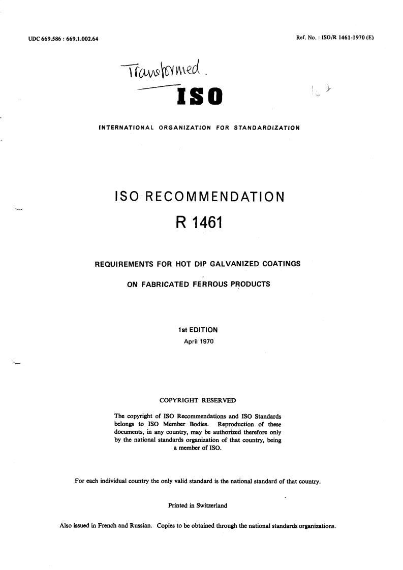 ISO/R 1461:1970 - Title missing - Legacy paper document
Released:1/1/1970