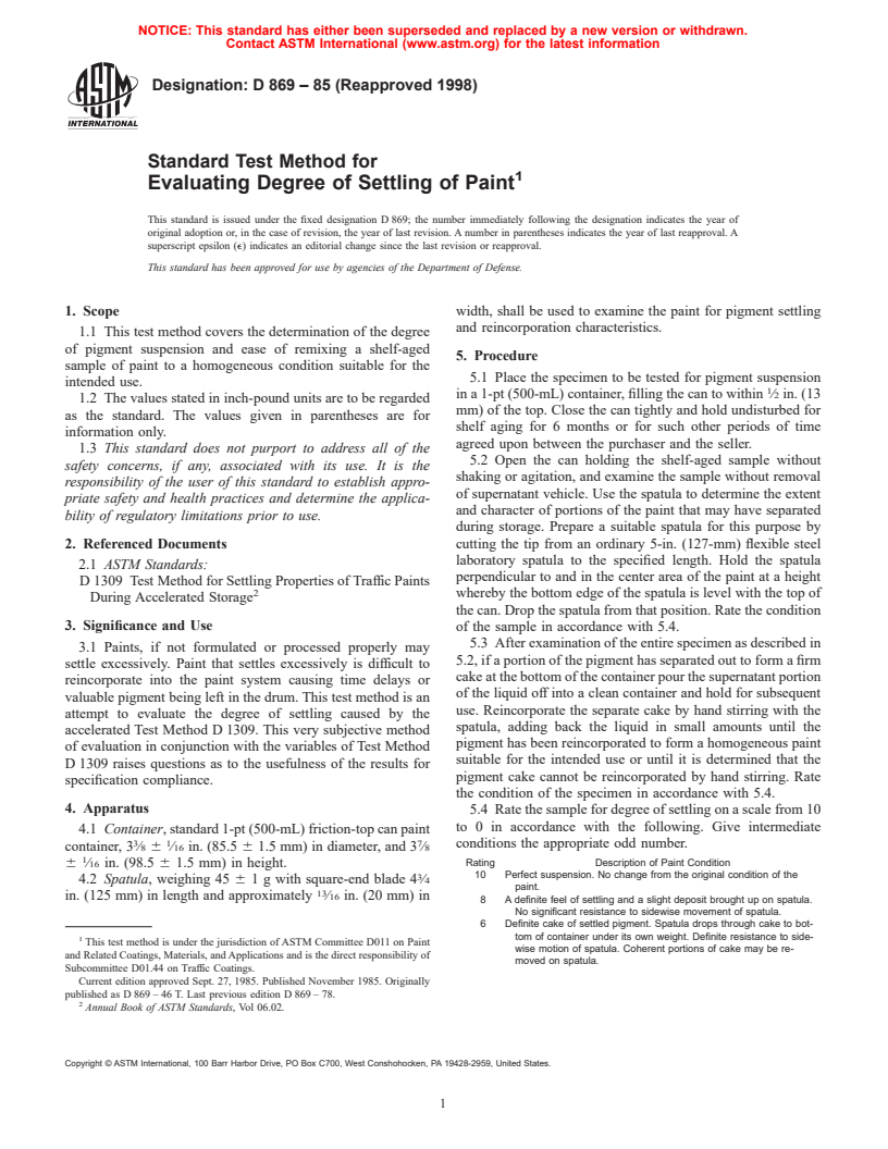 ASTM D869-85(1998) - Standard Test Method for Evaluating Degree of Settling of Paint