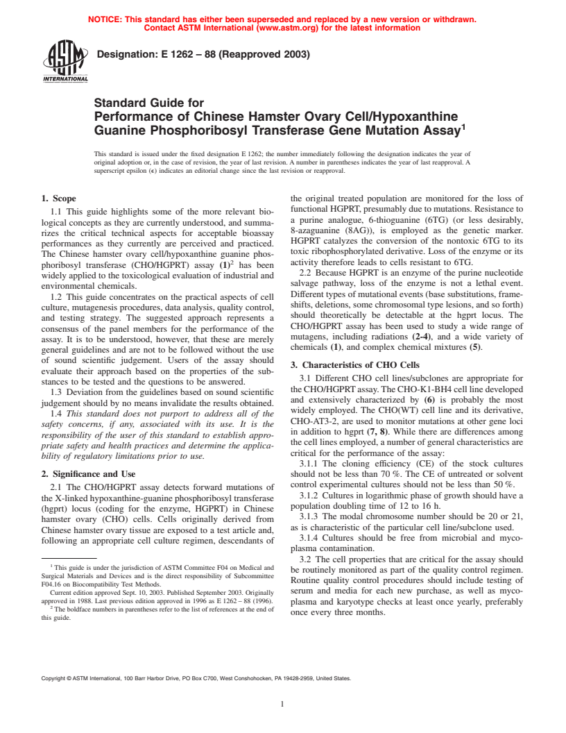 ASTM E1262-88(2003) - Standard Guide for Performance of the Chinese Hamster Ovary Cell/Hypoxanthine Guanine Phosphoribosyl Transferase Gene Mutation Assay