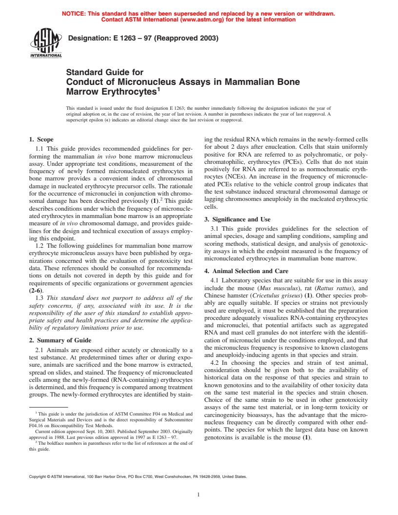 ASTM E1263-97(2003) - Standard Guide for Conduct of Micronucleus Assays in Mammalian Bone Marrow Erythrocytes