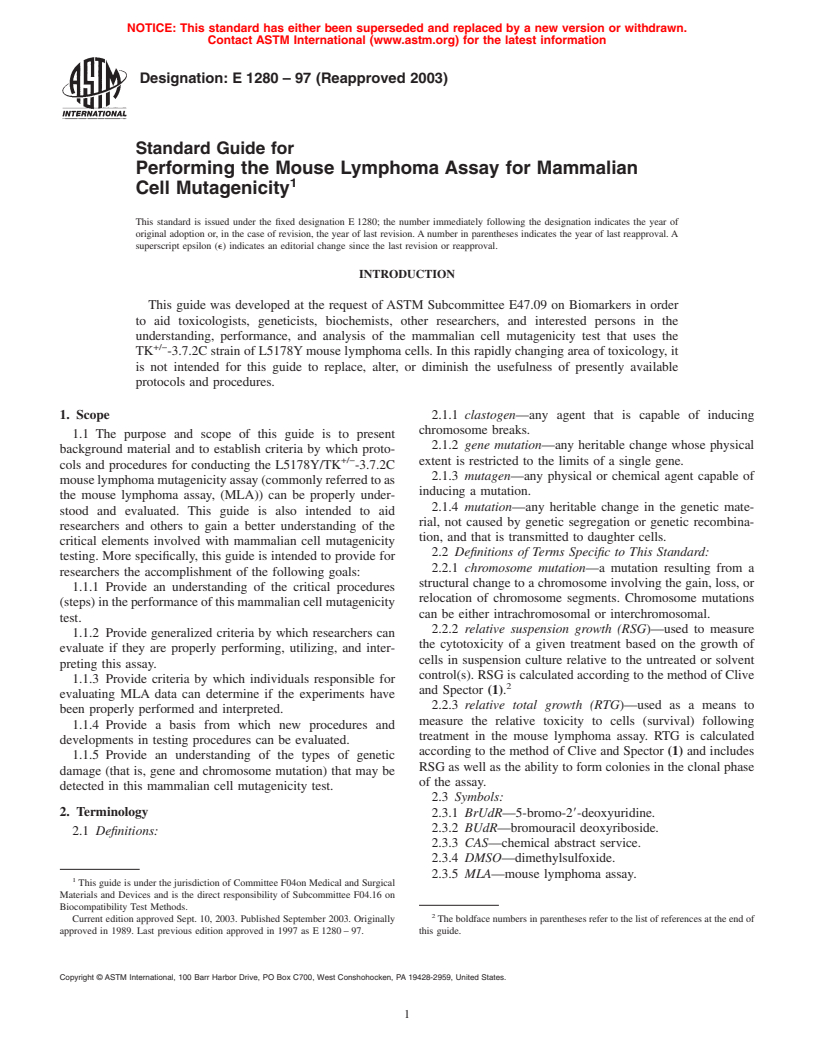 ASTM E1280-97(2003) - Standard Guide for Performing the Mouse Lymphoma Assay for Mammalian Cell Mutagenicity