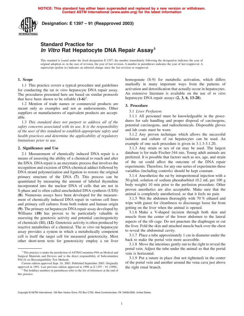 ASTM E1397-91(2003) - Standard Practice for the in vitro Rat Hepatocyte DNA Repair Assay