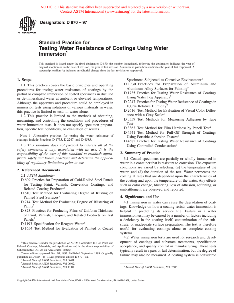 ASTM D870-97 - Standard Practice for Testing Water Resistance of Coatings Using Water Immersion