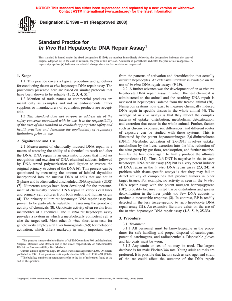 ASTM E1398-91(2003) - Standard Practice for the in vivo Rat Hepatocyte DNA Repair Assay