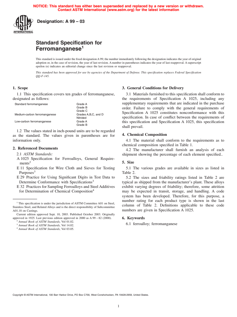 ASTM A99-03 - Standard Specification for Ferromanganese