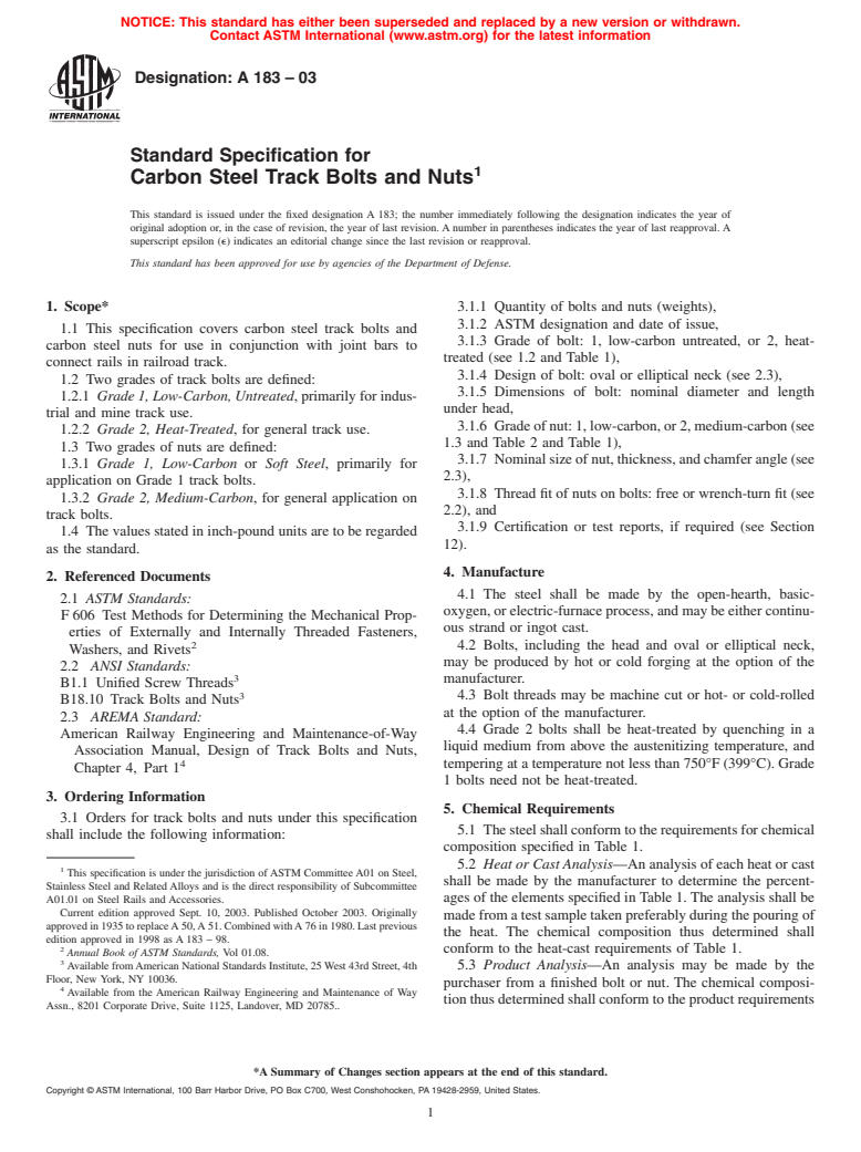 ASTM A183-03 - Standard Specification for Carbon Steel Track Bolts and Nuts