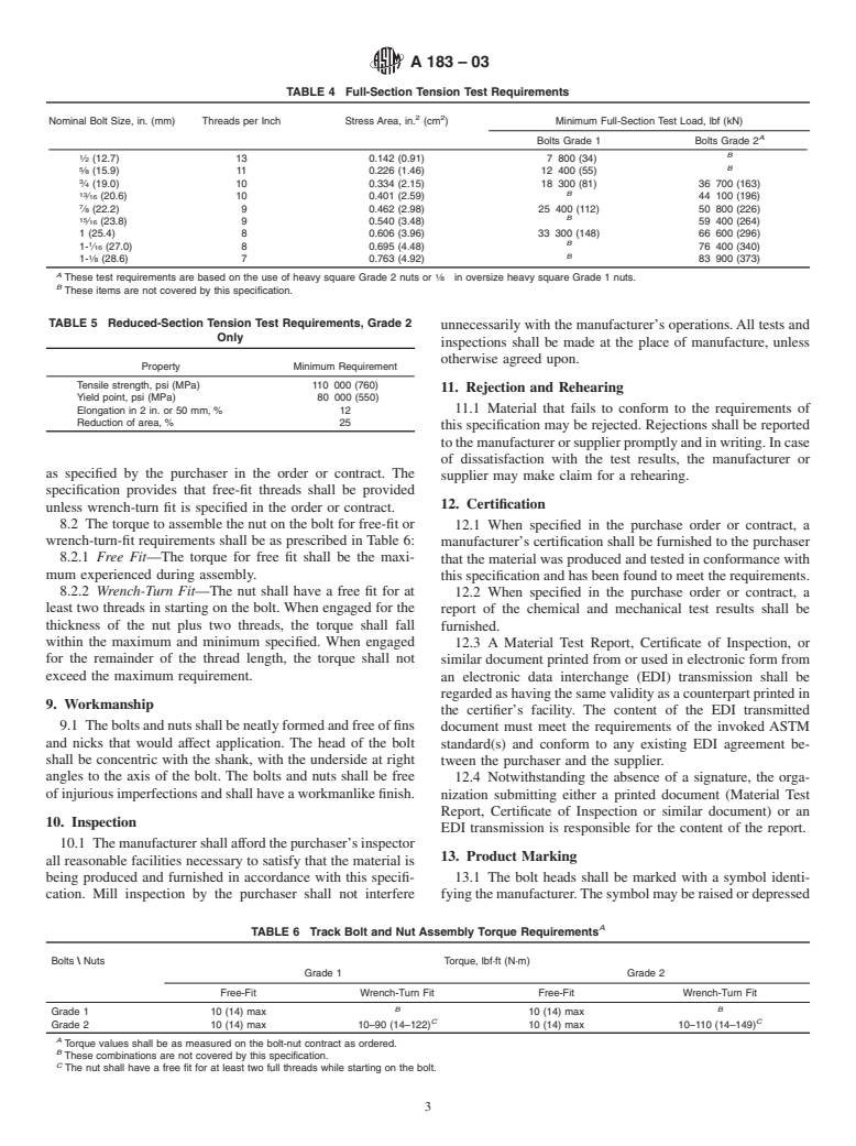 ASTM A183-03 - Standard Specification for Carbon Steel Track Bolts and Nuts