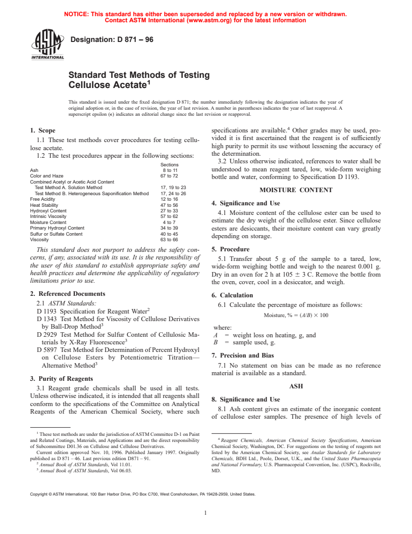 ASTM D871-96 - Standard Test Methods of Testing Cellulose Acetate