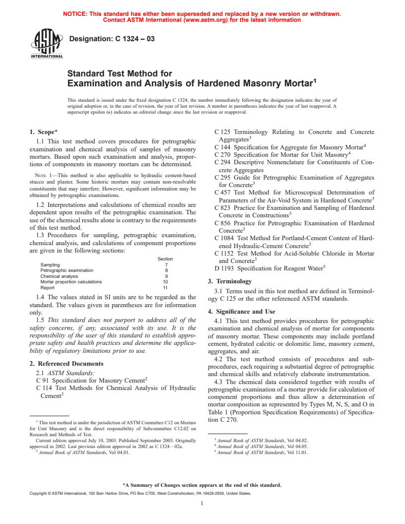 ASTM C1324-03 - Standard Test Method for Examination and Analysis of Hardened Masonry Mortar