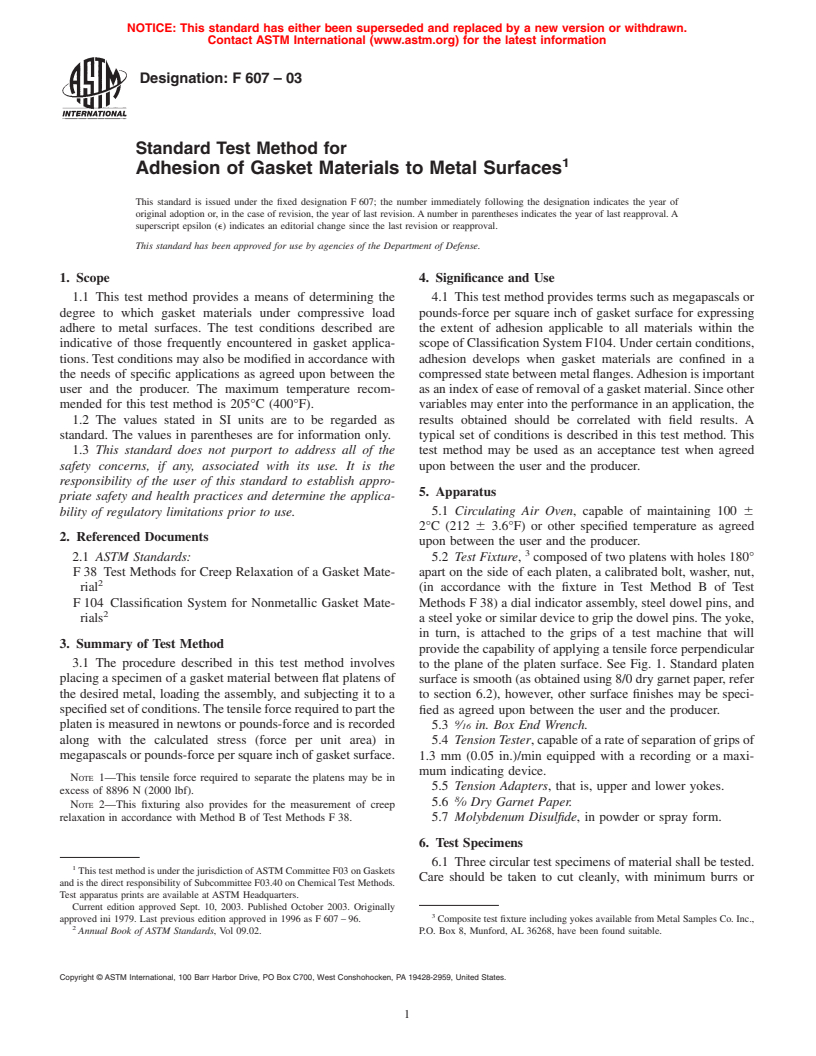 ASTM F607-03 - Standard Test Method for Adhesion of Gasket Materials to Metal Surfaces