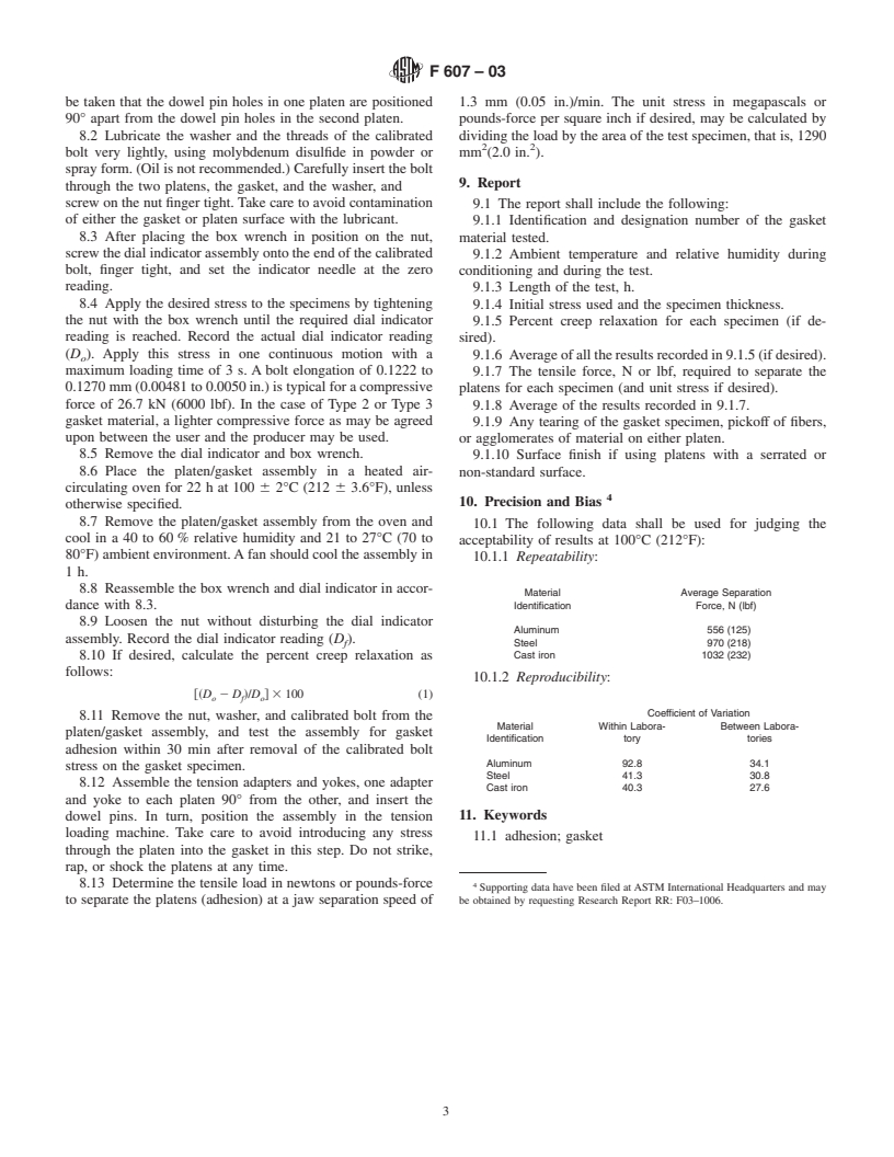 ASTM F607-03 - Standard Test Method for Adhesion of Gasket Materials to Metal Surfaces