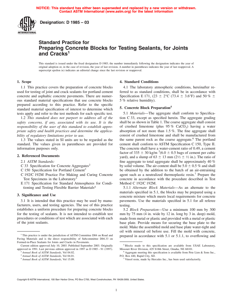 ASTM D1985-03 - Standard Practice for Preparing Concrete Blocks for Testing Sealants, for Joints and Cracks