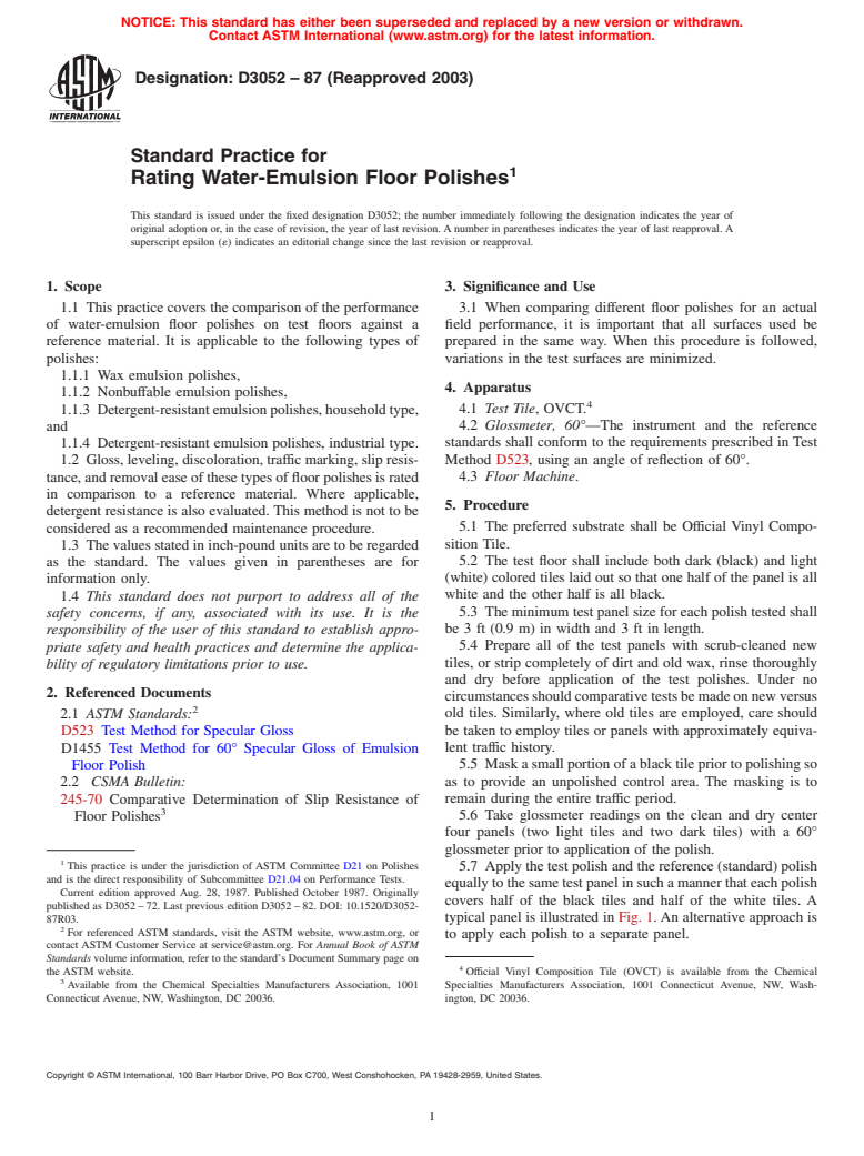 ASTM D3052-87(2003) - Standard Practice for Rating Water-Emulsion Floor Polishes