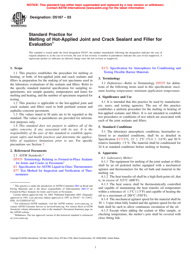 ASTM D5167-03 - Standard Practice for Melting of Hot-Applied Joint and Crack Sealant and Filler for Evaluation