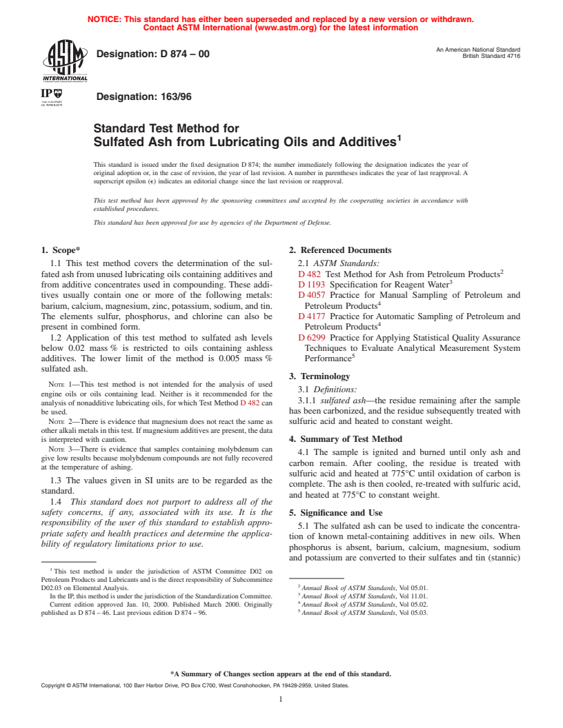 ASTM D874-00 - Standard Test Method for Sulfated Ash from Lubricating Oils and Additives