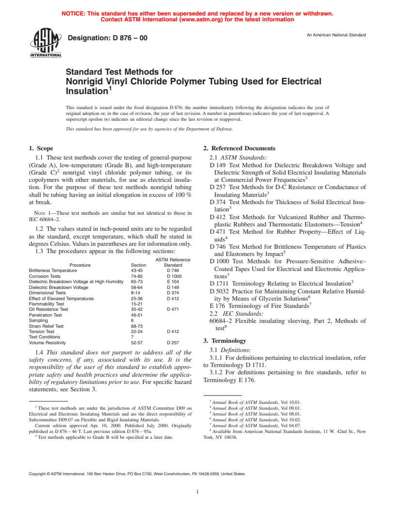 ASTM D876-00 - Standard Test Methods for Nonrigid Vinyl Chloride Polymer Tubing Used for Electrical Insulation