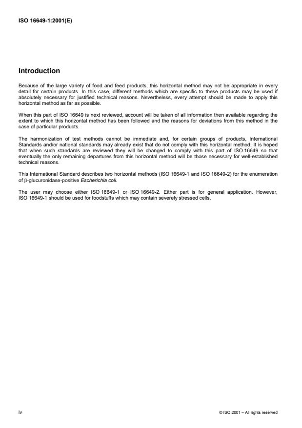 ISO 16649-1:2001 ISO 16649-1:2001 - Microbiology of food and animal feeding stuffs -- Horizontal method for the enumeration of beta-glucuronidase-positive Escherichia coli - Page 4 preview