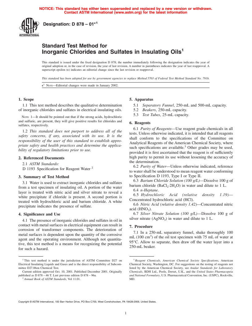 ASTM D878-01e1 - Standard Test Method for Inorganic Chlorides and Sulfates in Insulating Oils