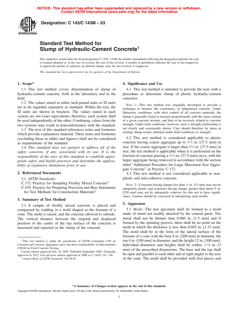 ASTM C143/C143M-03 - Standard Test Method for Slump of Hydraulic Cement Concrete