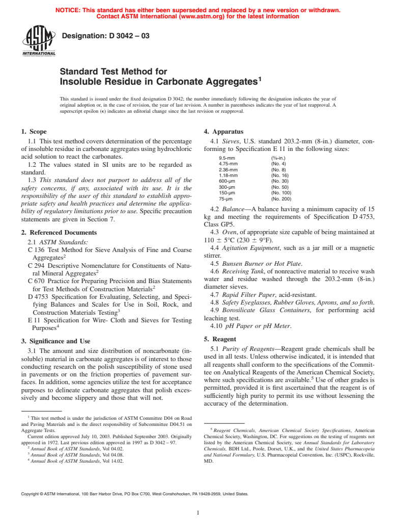 ASTM D3042-03 - Standard Test Method for Insoluble Residue in Carbonate Aggregates