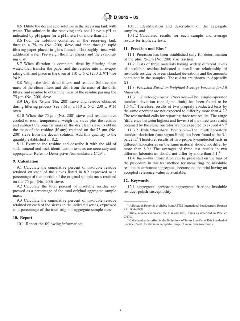 ASTM D3042-03 - Standard Test Method for Insoluble Residue in Carbonate Aggregates