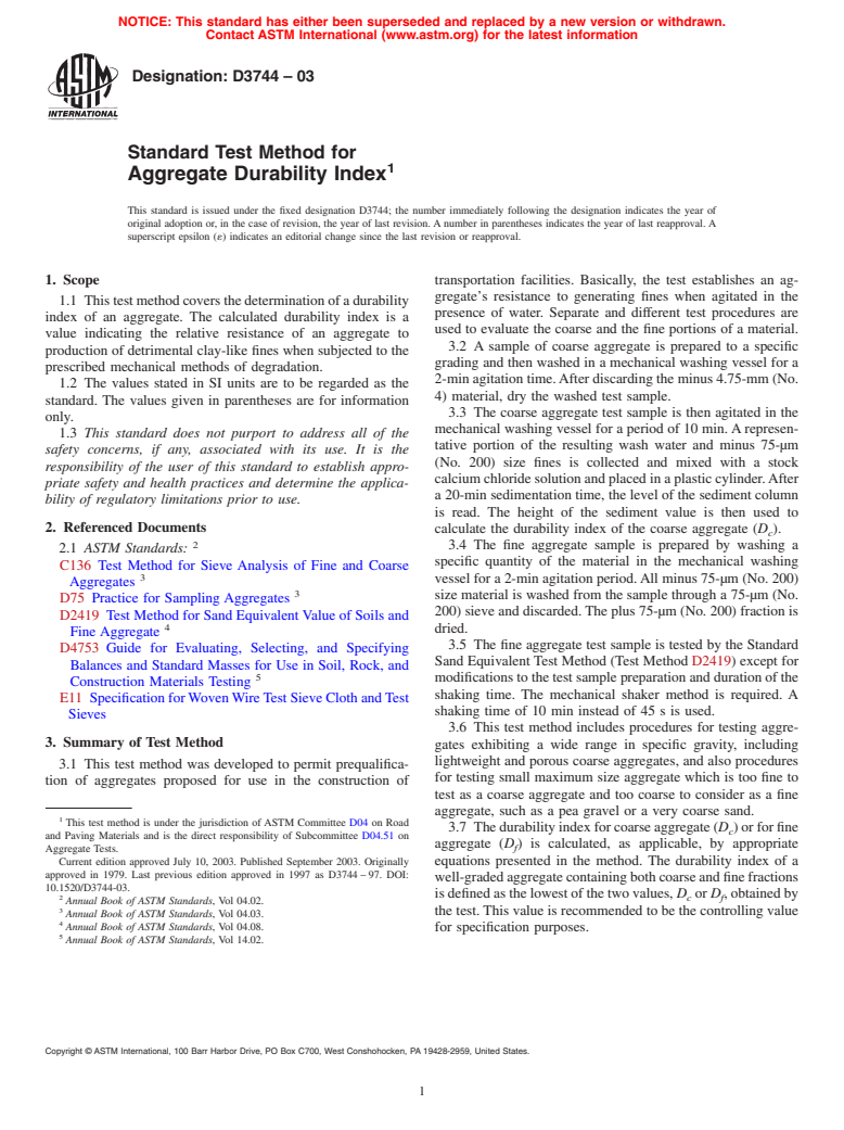 ASTM D3744-03 - Standard Test Method for Aggregate Durability Index