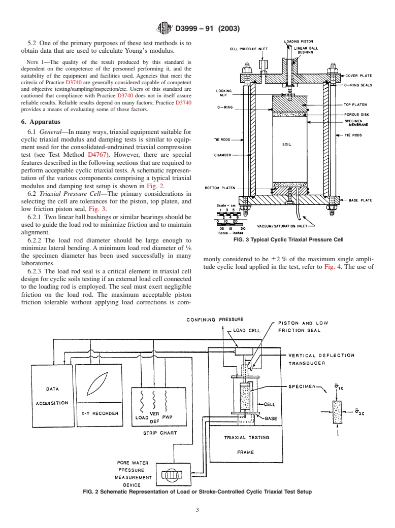 ASTM D3999-91(2003) - Standard Test Methods for the Determination of the Modulus and Damping Properties of Soils Using the Cyclic Triaxial Apparatus