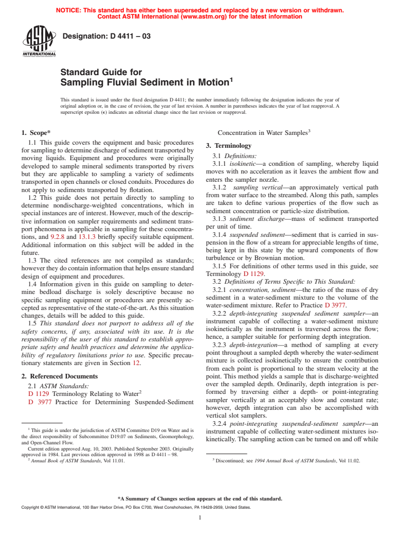 ASTM D4411-03 - Standard Guide for Sampling Fluvial Sediment in Motion