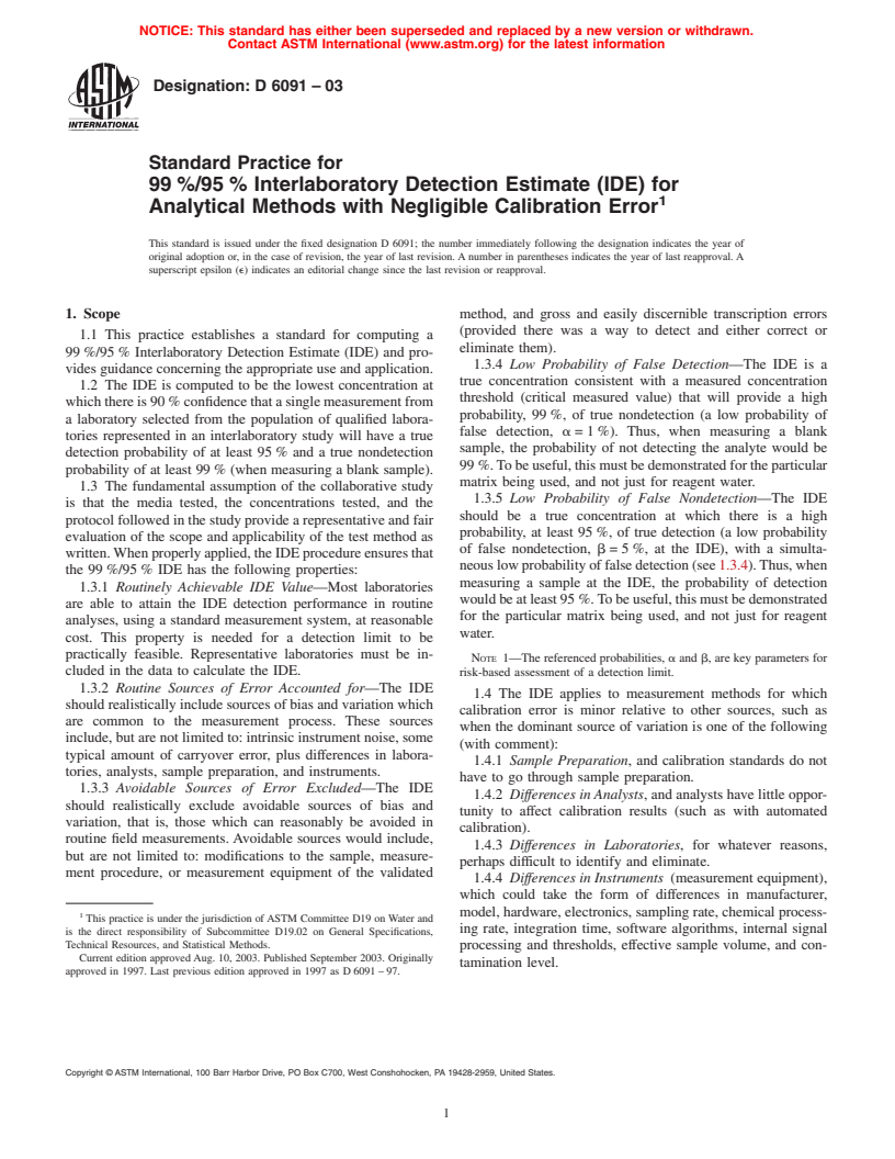 ASTM D6091-03 - Standard Practice for 99 %/95 % Interlaboratory Detection Estimate (IDE) for Analytical Methods with Negligible Calibration Error