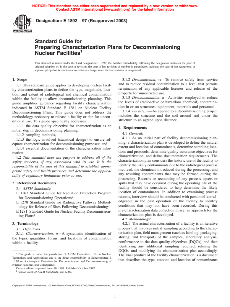 ASTM E1892-97(2003) - Standard Guide for Preparing Characterization Plans for Decommissioning Nuclear Facilities