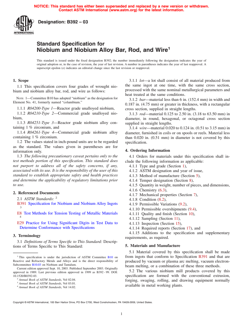 ASTM B392-03 - Standard Specification for Niobium and Niobium Alloy Bar, Rod, and Wire