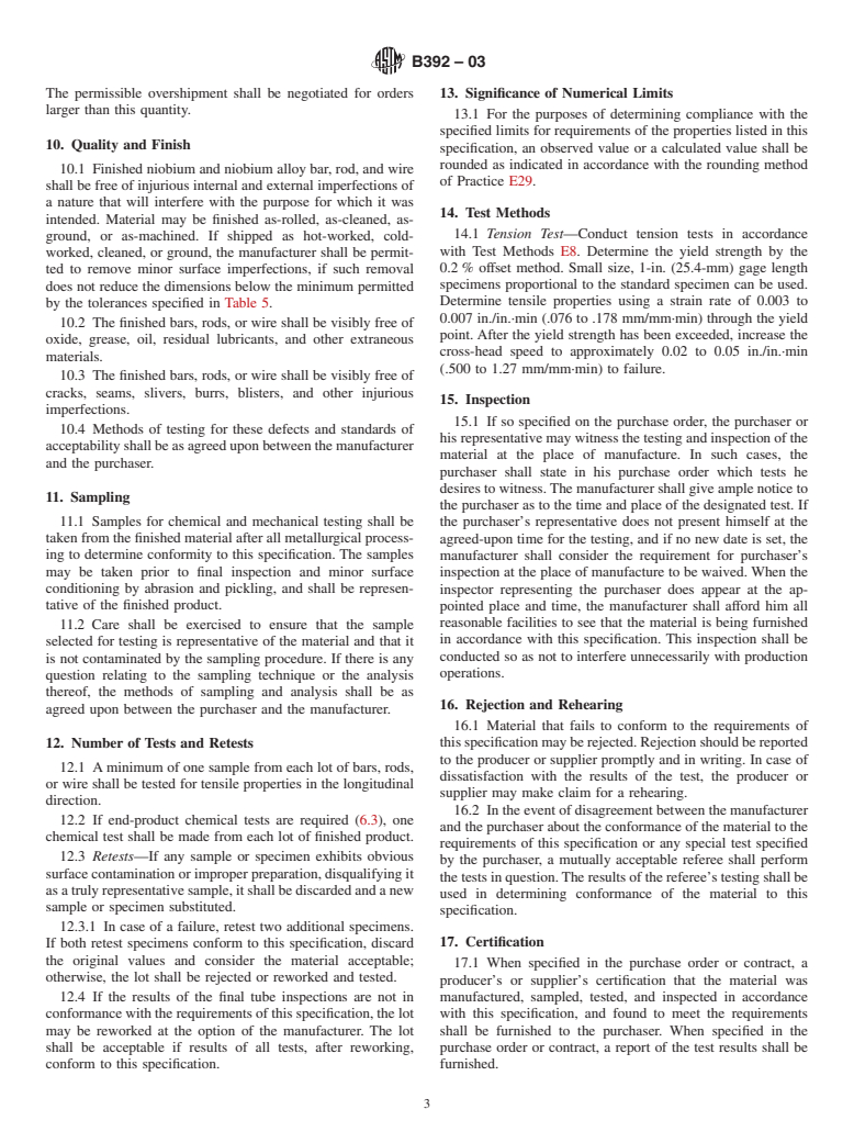 ASTM B392-03 - Standard Specification for Niobium and Niobium Alloy Bar, Rod, and Wire