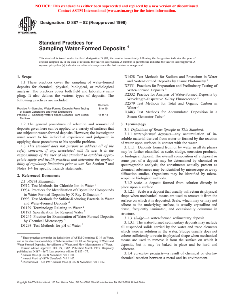 ASTM D887-82(1999) - Standard Practices for Sampling Water-Formed Deposits