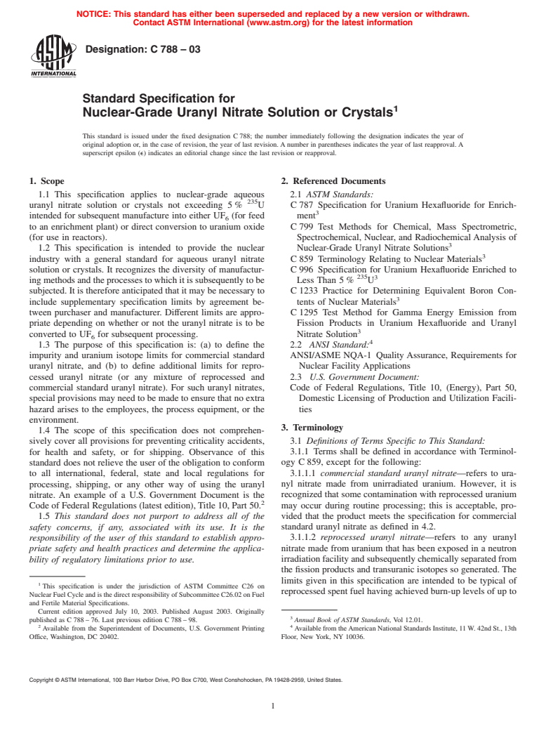 ASTM C788-03 - Standard Specification for Nuclear-Grade Uranyl Nitrate Solution or Crystals