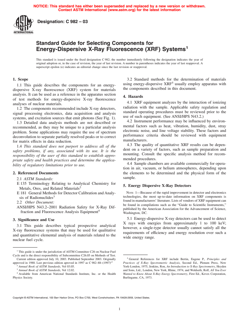 ASTM C982-03 - Standard Guide for Selecting Components for Energy-Dispersive X-Ray Fluorescence (XRF) Systems (Withdrawn 2008)