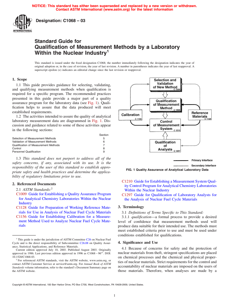 ASTM C1068-03 - Standard Guide for Qualification of Measurement Methods by a Laboratory Within the Nuclear Industry