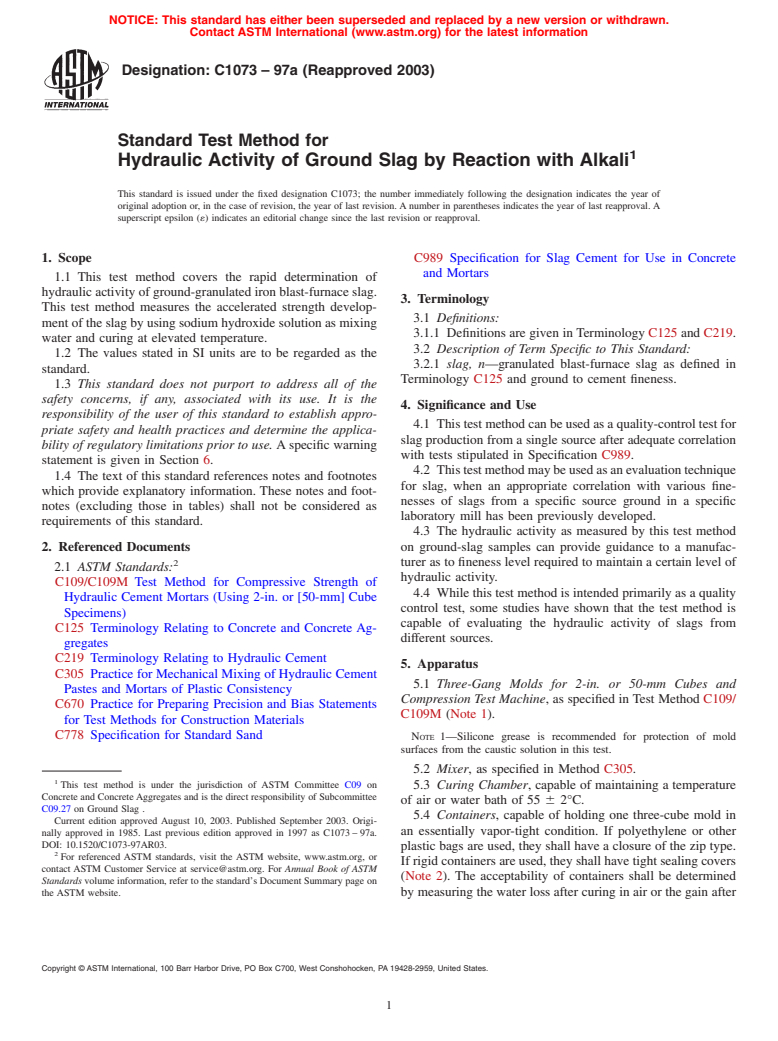 ASTM C1073-97a(2003) - Standard Test Method for Hydraulic Activity of Ground Slag by Reaction with Alkali