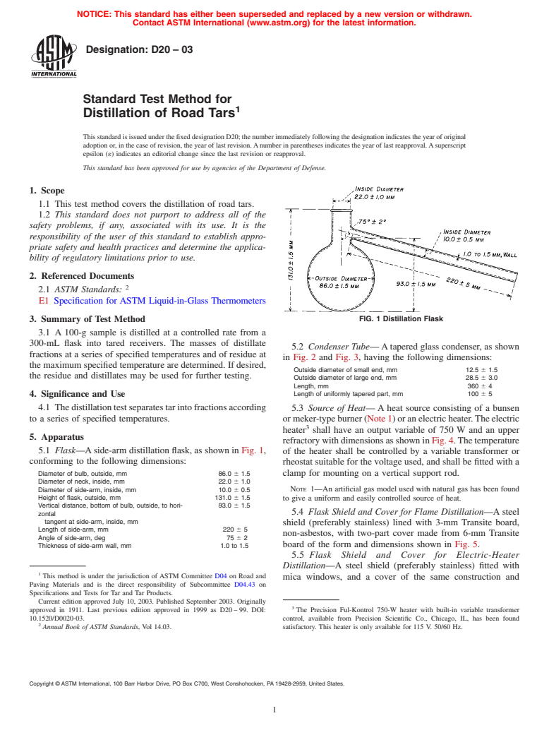ASTM D20-03 - Standard Test Method for Distillation of Road Tars