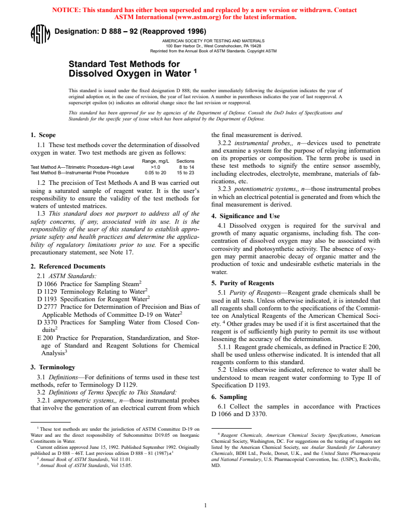 ASTM D888-92(1996) - Standard Test Methods for Dissolved Oxygen in Water