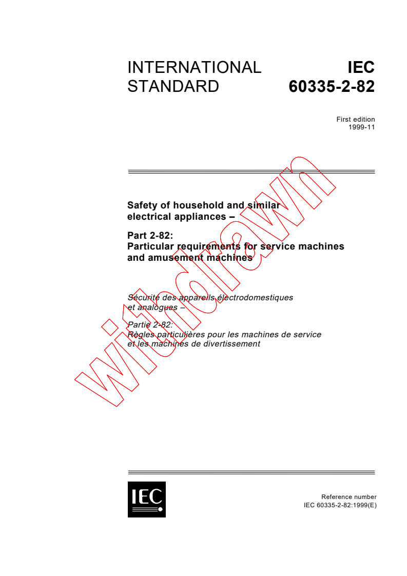IEC 60335-2-82:1999 - Safety of household and similar electrical appliances - Part 2-82: Particular requirements for service machines and amusement machines
Released:11/30/1999
Isbn:2831850274