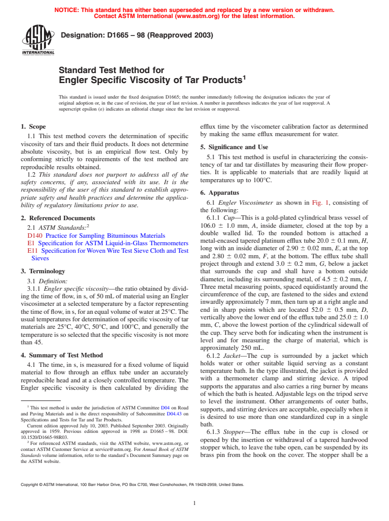 ASTM D1665-98(2003) - Standard Test Method for Engler Specific Viscosity of Tar Products