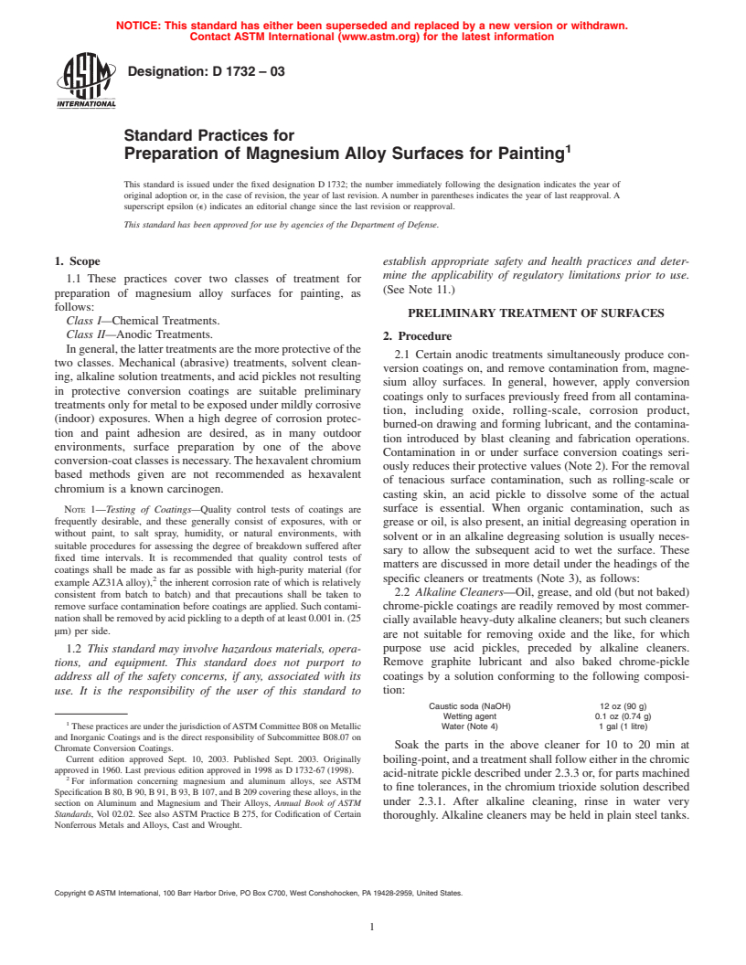 ASTM D1732-03 - Standard Practices for Preparation of Magnesium Alloy Surfaces for Painting