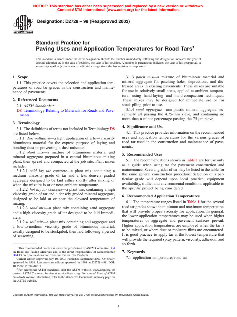 ASTM D2728-98(2003) - Standard Practice for Paving Uses and Application Temperatures for Road Tars