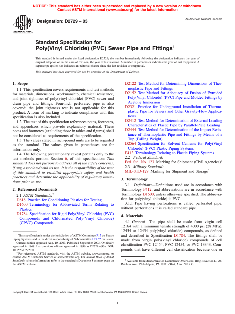 ASTM D2729-03 - Standard Specification for Poly(Vinyl Chloride) (PVC) Sewer Pipe and Fittings