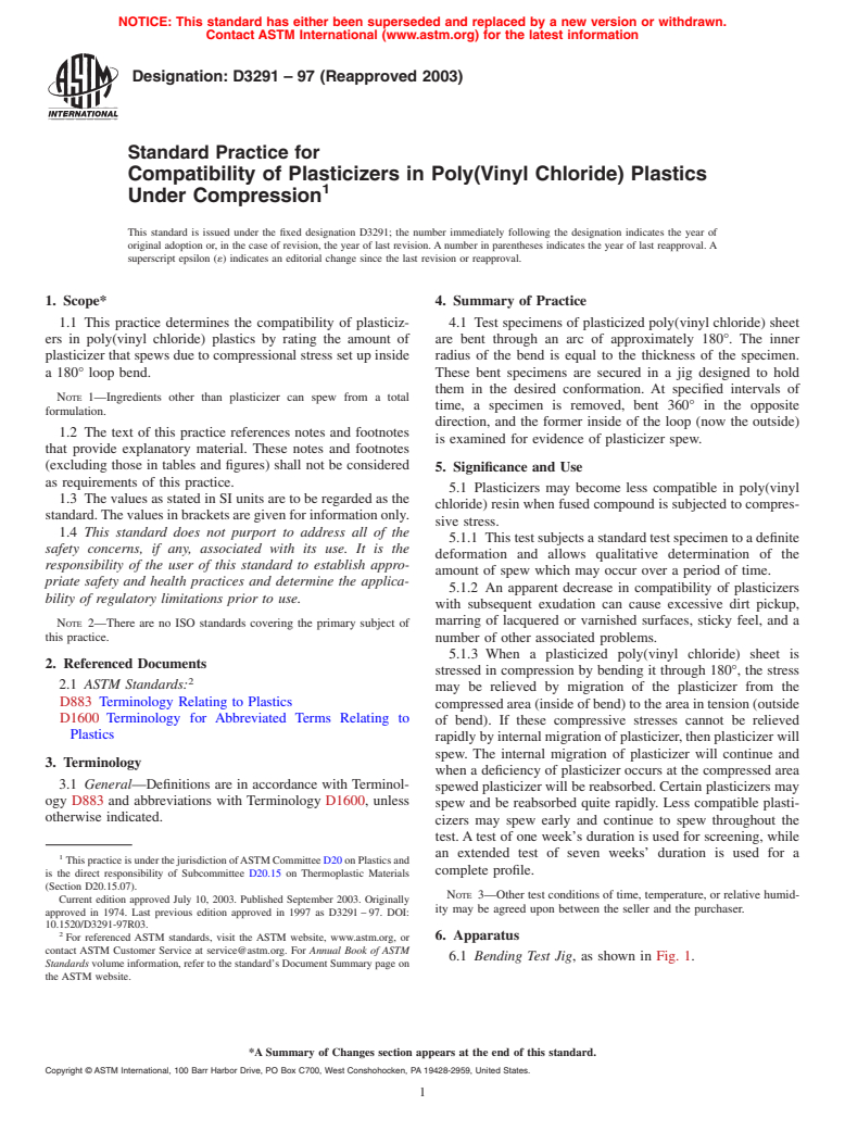 ASTM D3291-97(2003) - Standard Practice for Compatibility of Plasticizers in Poly(Vinyl Chloride) Plastics Under Compression