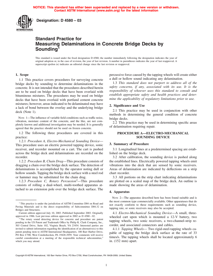 ASTM D4580-03 - Standard Practice for Measuring Delaminations in Concrete Bridge Decks by Sounding