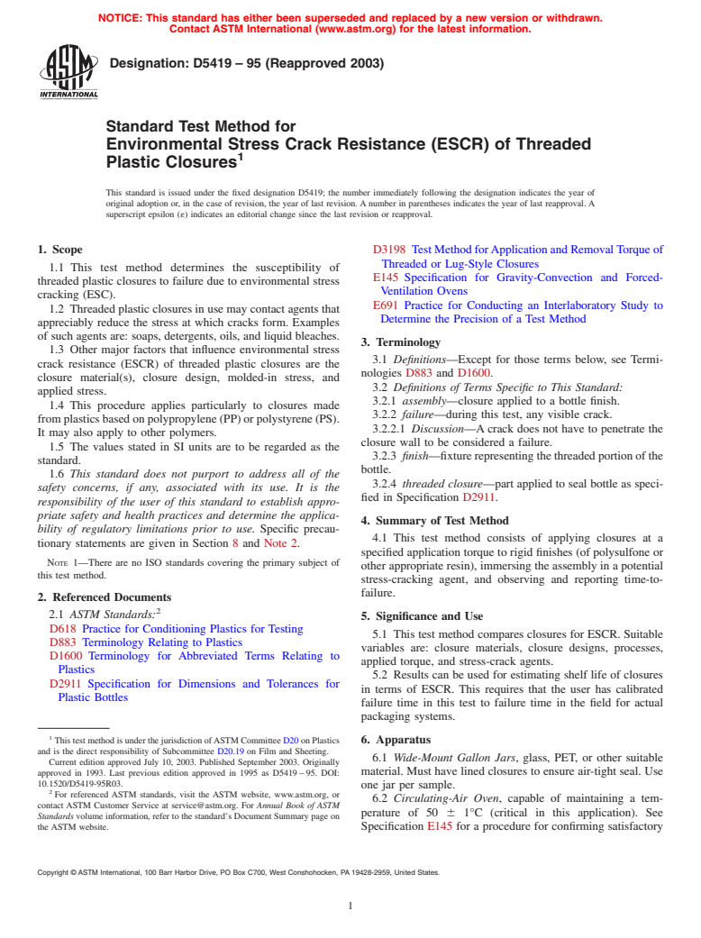 ASTM D5419-95(2003) - Standard Test Method for Environmental Stress Crack Resistance (ESCR) of Threaded Plastic Closures