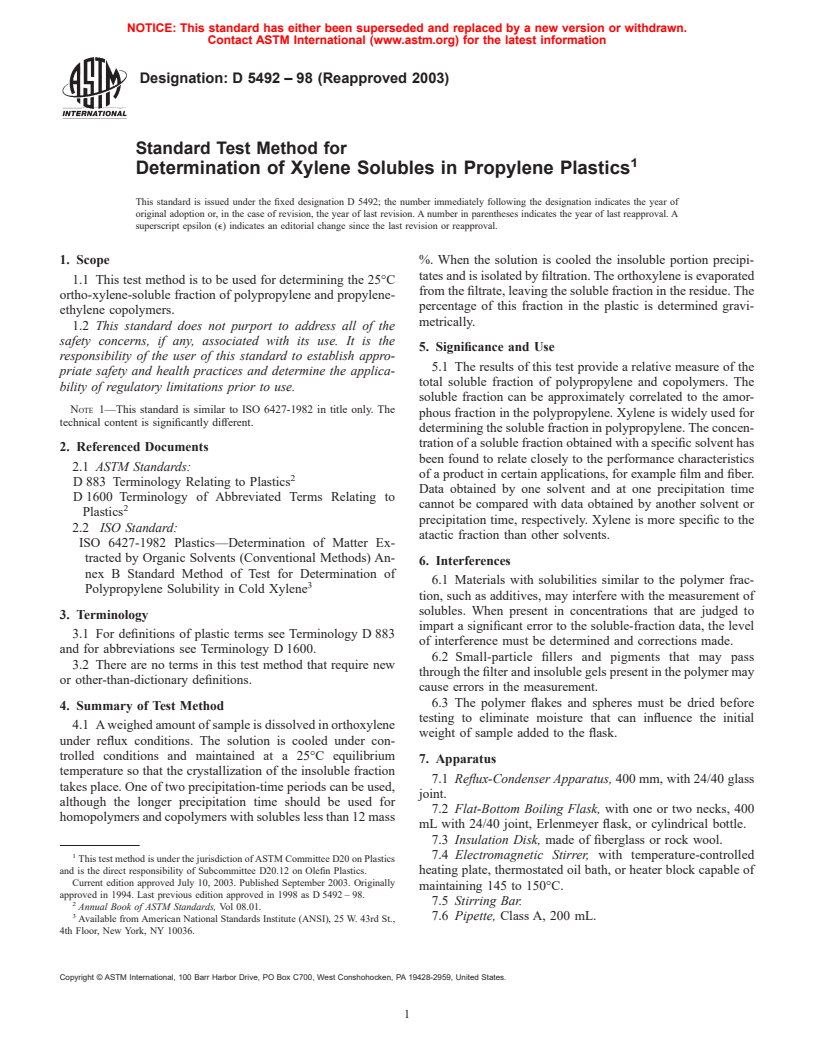 ASTM D5492-98(2003) - Standard Test Method for Determination of Xylene Solubles in Propylene Plastics