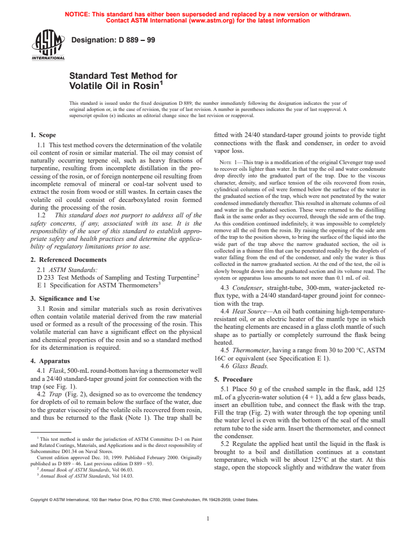 ASTM D889-99 - Standard Test Method for Volatile Oil in Rosin