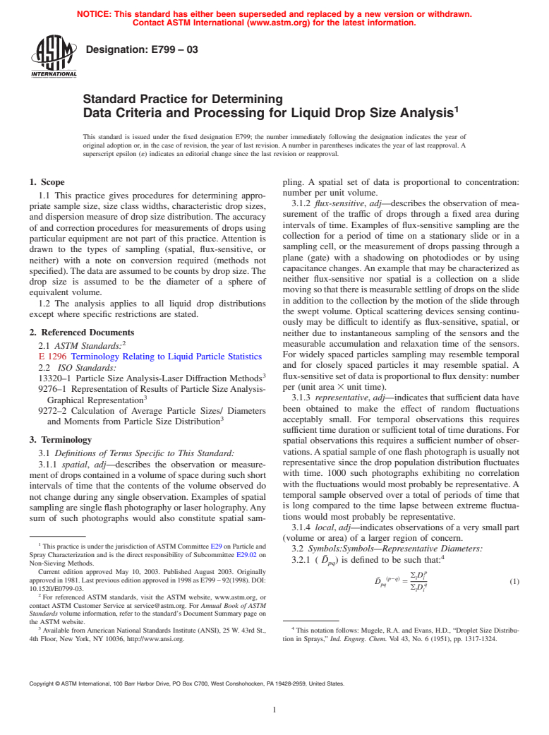 ASTM E799-03 - Standard Practice for Determining Data Criteria and Processing for Liquid Drop Size Analysis